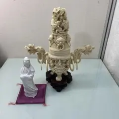 【送料込み】中国骨董　唐木台付き　彫刻　置物　象 大型香炉 手彫工芸品 三鼎型 送料込み】中国骨董 唐木台付き 彫刻 置物 象 大型香炉 手彫工芸品