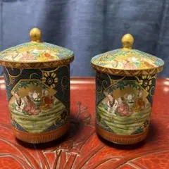 九谷焼青粒鉄仙　幸仙　鳳凰牡丹楼閣図　蓋付夫婦茶碗　金彩