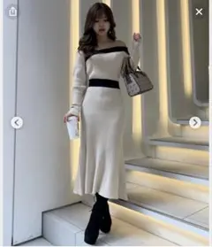 リップサービスアイボリー ツイストネックバイカラーニットワンピース