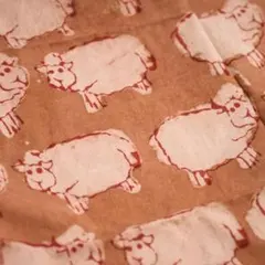 インド綿　ハンドブロックプリント　ヒツジ　羊　50×108　ライトブラウン