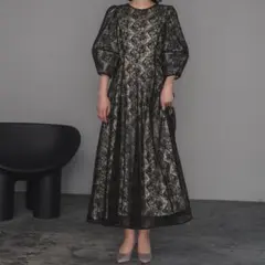 パフスリーブ総レースフレアロング結婚式ワンピース パーティードレスお呼ばれ二次会