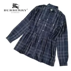 【美品】バーバリーロンドン ブラウス 切替 フレア チェック ブラック系 UK8