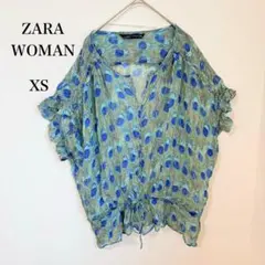 ザラ ZARA◇シルク100% シフォンブラウス ピーコック柄 フリル XSのサムネイル