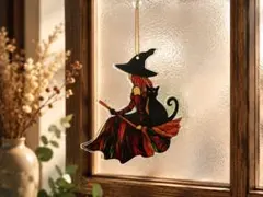 【3枚限り】ステンドグラス風 サンキャッチャー 魔女と黒猫