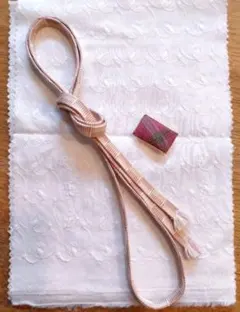 優しいピンク 市松模様 三分紐 木綿刺繍生地 半襟 帯留め 上田紬 セット