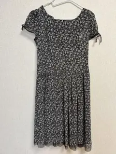 エムズグレイシー　膝丈　ワンピース　花柄　袖リボン　ブラック　サイズM