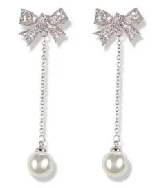 ピアス シルバー パール ロング リボン クリスタル #C27-11