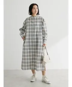 綿麻混バンドカラーシャツワンピース　チェック柄