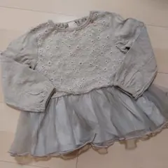 petit main チュール 110 花柄レース 長袖カットソー カーキグレー
