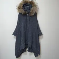 LA.SUMERラシュメール　グレー　ファーフード付きカーディガン　ウール混紡