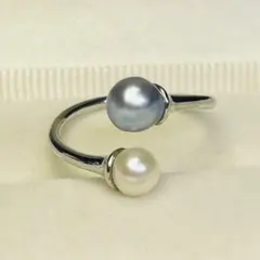 あこや真珠 パールリング　指輪 5-6mm 本真珠　シンプル　双子　ブルーグレー