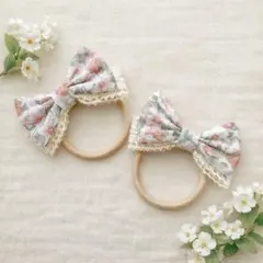 【ゴム交換OK】リバティ いちご柄 リボンヘアゴム2個セット レース キッズ用