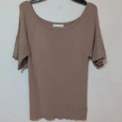 【美品】プロポーションボディドレッシング キャメルリブ編み 袖花柄刺繍半袖ニット