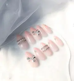 〚現品〛リボン付きピンクネイルチップ10個セット