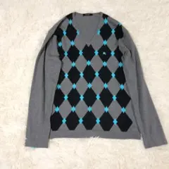 【イタリア生地】バーバリーブラックレーベル　セーター　アーガイル　L　ホース刺繍
