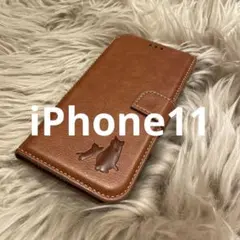 iPhone11 手帳型スマホケース　レザー　茶　猫　仔猫　シンプル　可愛い