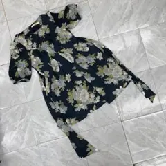 dazzlin ワンピース 半袖 花柄 フレア ウエストリボン ネイビー S