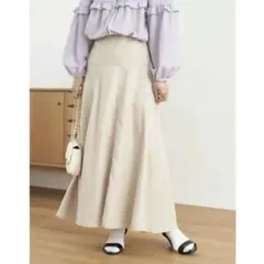 アースミュージック 配色 ステッチ ベージュ ロング フレア スカート