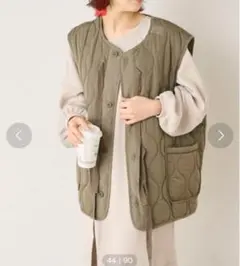 コード紐付きミリタリー中綿ノーカラーキルティングベスト