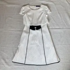 エムズグレイシー 上品リボン付 ジャガード ワンピース 白×黒ライン M