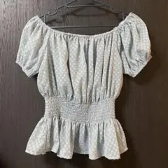 ブラウス 半袖 パフスリーブ ライトブルー レディース