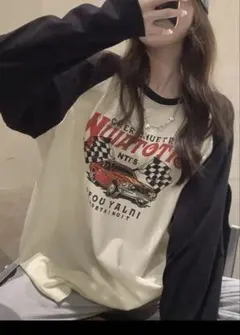 Y2K ファッション プリント カラーブロック 長袖 Tシャツ