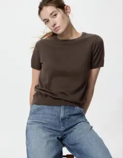 UNIQLO UVカットクルーネックセーター 半袖 ブラウン Sサイズのサムネイル