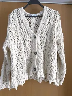 ZARA アイボリー 綿混透かし編みカーディガン　Mサイズ