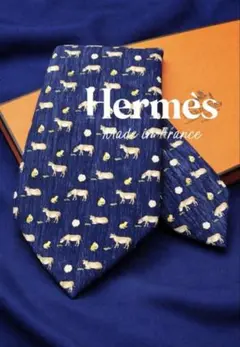 【希少】HERMES エルメス ネクタイ ネイビー系 ウシ柄 カエルのサムネイル