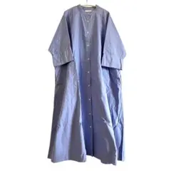 :tang:水色ロングシャツワンピース バンドカラー　ゆったり七分袖