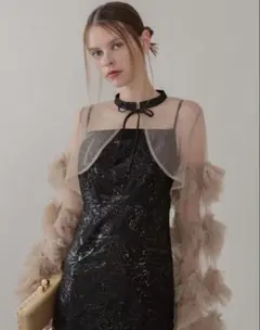 【Leja】フリルチュールスリーブリボンIラインワンピースドレス結婚式パーティー