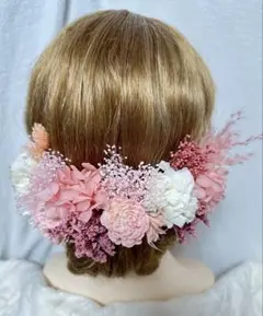 ドライフラワー髪飾り　成人式　卒業式　結婚式　前取り　ピンク　ヘッドドレス