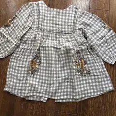ZARA ギンガムチェック 花柄刺繍 長袖 ワンピース　104