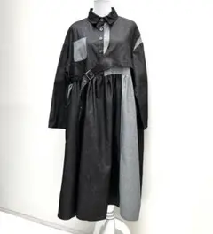 No674 バイカラー マキシ丈 デニムワンピース ロングワンピース 長袖 黒