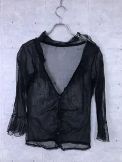 レトロ バレエコア 古着 透けフリルトリム 七分袖 メッシュシアーカーディガン