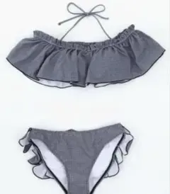 RinoRino水着　ギンガムチェックオフショルフリル　ブラックL