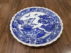 和風 青絵 大皿（舟・風景柄／盛り皿）