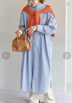 Discoat 長袖シャツワンピース 青白ストライプ