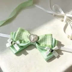 「ロマンティック千鳥」ロイヤルチェックリボン　ヘッドドレス　ピスタチオミルク