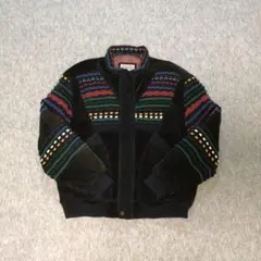 90s ヴィンテージ レザージャケット ブルゾン ブラック 本革 3Dニット