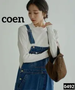 0492 coen メローリブタートルネックロンT オフホワイト