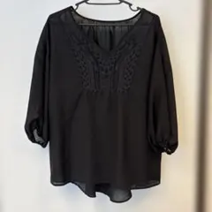 刺繍入りVネックブラウス ブラック 長袖のサムネイル