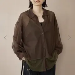 【匿名配送】シアーレイヤード配色シャツブラウン茶色襟付春服シアーシャツ