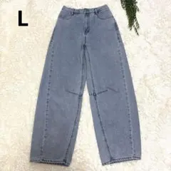 バレルレッグデニムパンツ ライトブルー ハイウエスト 後ろゴム アベイル