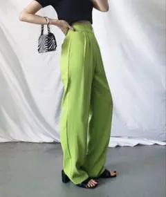 太ベルトハイウエストカラータックスラックス 　ライムグリーン