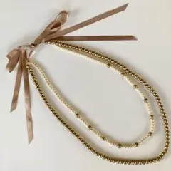 パール風ビーズ × サテンリボン 2連 ネックレス ゴールド