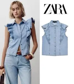 新品 ZARA 定価6,590円 デニム フリル シャツ M ラスト1点♪