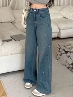 ★新品★ SHEIN DAZY ハイウエストワイドレッグデニム スタッズ付き