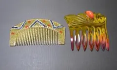 べっこう風　唐草透かし彫り　玉飾り　バチ簪　花びら絵付け　螺鈿飾り　櫛　かんざし