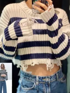 ZARA ダメージ加工クロップド丈ボーダーニットトップス